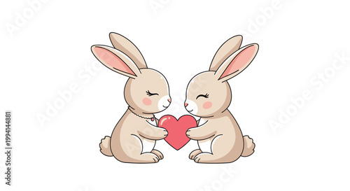 Adorable pair of beige rabbits sitting together and holding a large pink heart in a sweet romantic vector illustration for valentines day.