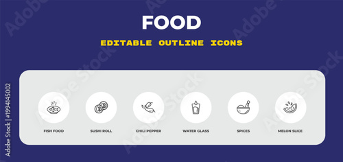 outline food icons set - fish food, sushi roll, chili pepper. editable vector for web and mobile ui