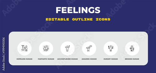 outline feelings icons set - hopeless human, fantastic human, accomplished human. editable vector for web and mobile ui