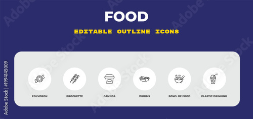 outline food icons set - polvoron, brochette, canjica. editable vector for web and mobile ui