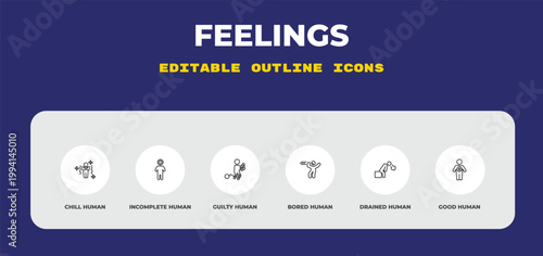 outline feelings icons set - chill human, incomplete human, guilty human. editable vector for web and mobile ui