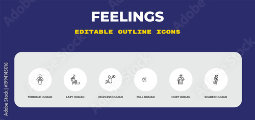 outline feelings icons set - terrible human, lazy human, helpless human. editable vector for web and mobile ui