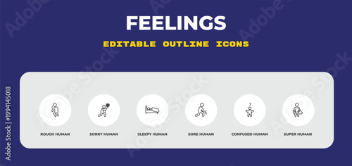 outline feelings icons set - rough human, sorry human, sleepy human. editable vector for web and mobile ui