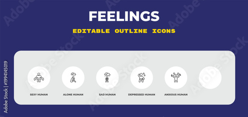 outline feelings icons set - sexy human, alone human, sad human. editable vector for web and mobile ui
