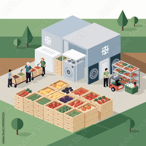 Produce warehouse storage with crates of fruits and vegetables