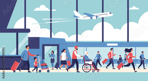 Panoramic view of a busy airport terminal with diverse travelers carrying luggage and an airplane taking off through the large window vector.