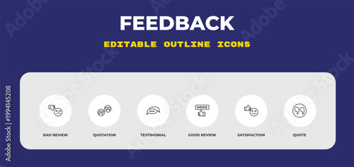 outline feedback icons set - bad review, quotation, testimonial. editable vector for web and mobile ui