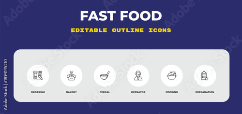 outline fast food icons set - ordering, bakery, cereal. editable vector for web and mobile ui