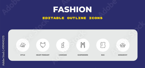 outline fashion icons set - style, heart pendant, caveman. editable vector for web and mobile ui