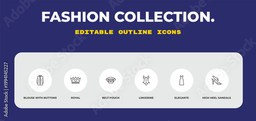 outline fashion collection. icons set - blouse with buttons, royal, belt pouch. editable vector for web and mobile ui