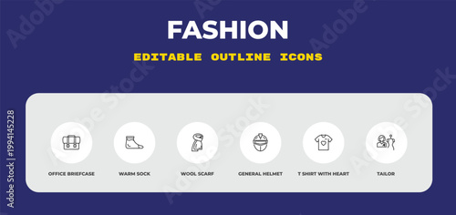 outline fashion icons set - office briefcase, warm sock, wool scarf. editable vector for web and mobile ui
