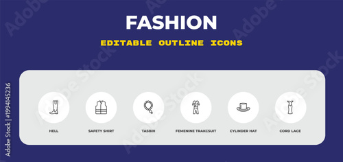 outline fashion icons set - hell, safety shirt, tasbih. editable vector for web and mobile ui