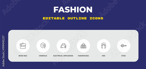 outline fashion icons set - book bag, monocle, electrical appliances. editable vector for web and mobile ui