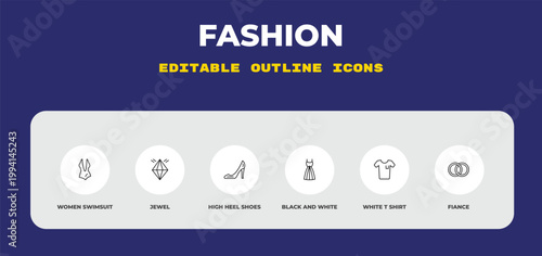 outline fashion icons set - women swimsuit, jewel, high heel shoes. editable vector for web and mobile ui