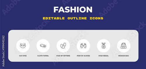 outline fashion icons set - cat eyes, cloth towel, pair of mittens. editable vector for web and mobile ui