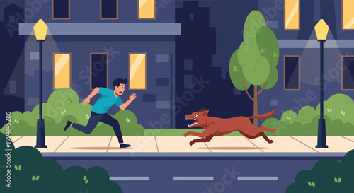 Scary brown dog chasing a terrified man through a city street at night with lit windows and street lamps in a dramatic cartoon illustration.