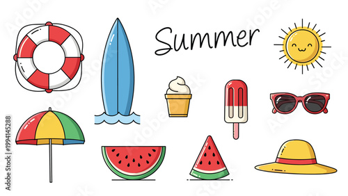 Bright and colorful summer vacation icon set featuring beach essentials like a surfboard, sunglasses, ice cream, and a smiling sun.
