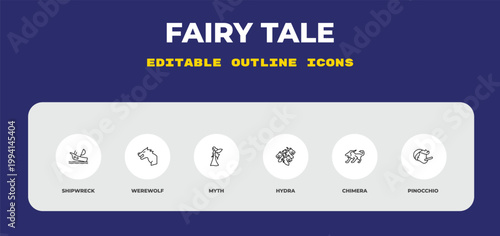 outline fairy tale icons set - shipwreck, werewolf, myth. editable vector for web and mobile ui
