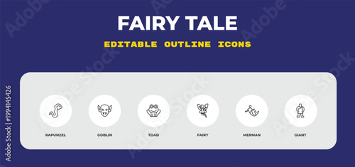 outline fairy tale icons set - rapunzel, goblin, toad. editable vector for web and mobile ui