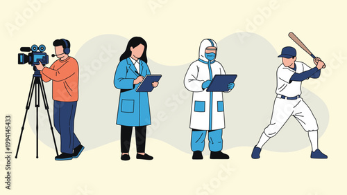 Group of professionals from different industries including a cameraman, doctor, scientist, and baseball player in their uniforms.