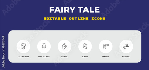 outline fairy tale icons set - talking tree, protagonist, damsel. editable vector for web and mobile ui