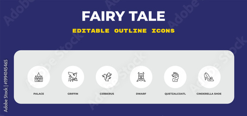 outline fairy tale icons set - palace, griffin, cerberus. editable vector for web and mobile ui