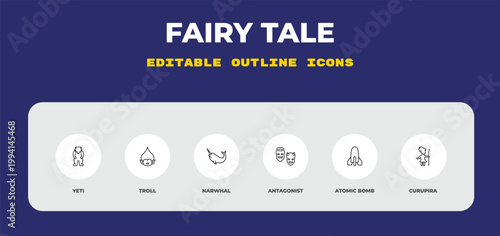 outline fairy tale icons set - yeti, troll, narwhal. editable vector for web and mobile ui