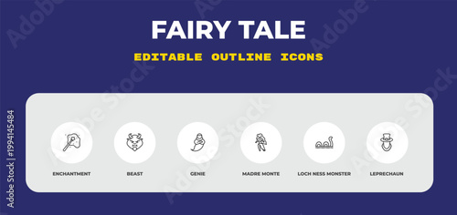 outline fairy tale icons set - enchantment, beast, genie. editable vector for web and mobile ui