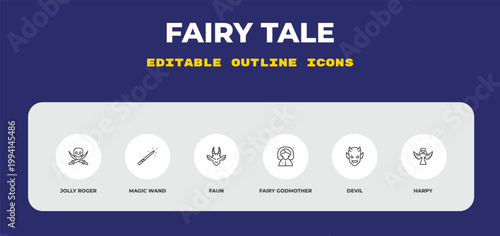 outline fairy tale icons set - jolly roger, magic wand, faun. editable vector for web and mobile ui