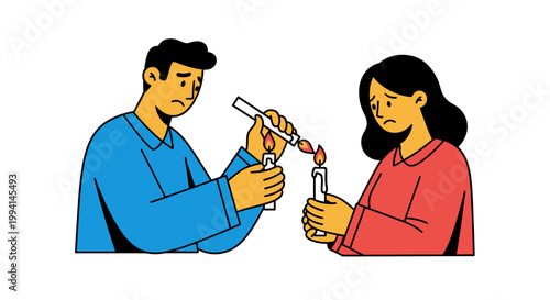 Couple Lighting Candles Together, Symbolizing Remembrance and Shared Grief.