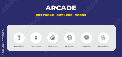 outline arcade icons set - curtain stage, voice acting, voice acting. editable vector for web and mobile ui