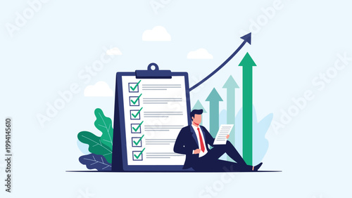 Successful businessman leaning against a giant checklist with checkmarks, accompanied by rising growth charts and arrows.