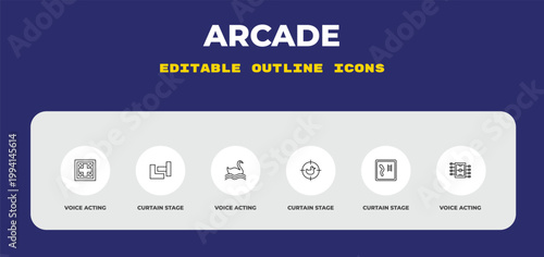 outline arcade icons set - voice acting, curtain stage, voice acting. editable vector for web and mobile ui