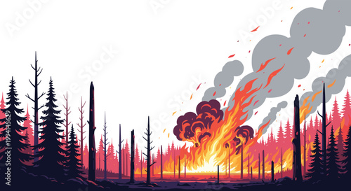 Intense forest fire with large orange flames and thick grey smoke rising above silhouettes of evergreen trees and charred trunks in the wild.