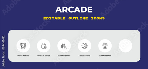 outline arcade icons set - voice acting, curtain stage, curtain stage. editable vector for web and mobile ui