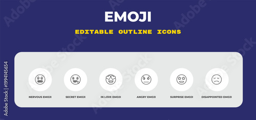 outline emoji icons set - nervous emoji, secret emoji, in love editable vector for web and mobile ui