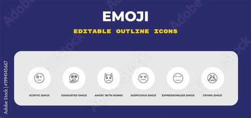 outline emoji icons set - sceptic emoji, exhausted emoji, angry with horns editable vector for web and mobile ui
