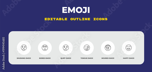 outline emoji icons set - shushing emoji, bored emoji, quiet editable vector for web and mobile ui