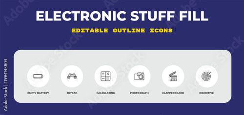outline electronic stuff fill icons set - empty battery, joypad, calculating. editable vector for web and mobile ui