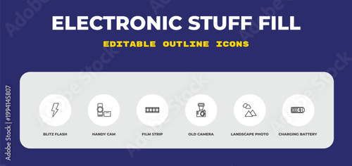 outline electronic stuff fill icons set - blitz flash, handy cam, film strip. editable vector for web and mobile ui