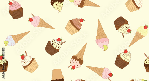 Delightful seamless pattern featuring various sweet treats including cupcakes with cherries and ice cream cones with different flavors on cream.