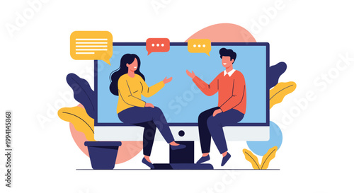 Man and woman having a friendly video conversation while sitting on the edge of a large computer monitor surrounded by colorful abstract shapes.