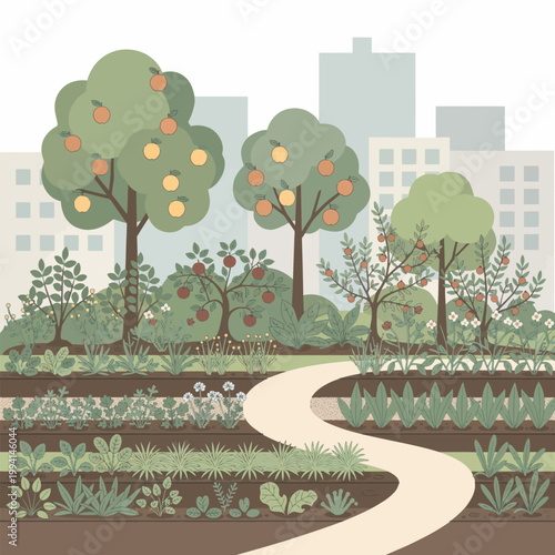 Urban garden with trees and pathway in front of buildings