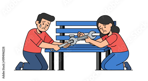 Couple struggling to fix a park bench with wrenches, frustrated and confused.