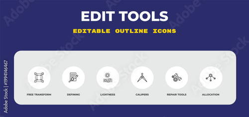 outline edit tools icons set - free transform, defining, lightness. editable vector for web and mobile ui