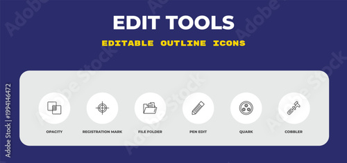 outline edit tools icons set - opacity, registration mark, file folder. editable vector for web and mobile ui