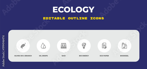outline ecology icons set - olives on a branch, oil drops, dam. editable vector for web and mobile ui