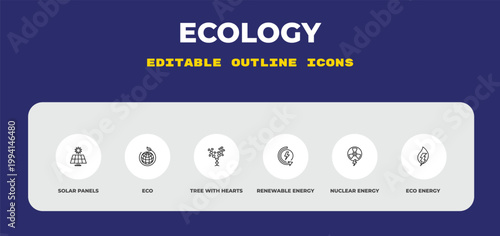 outline ecology icons set - solar panels, eco, tree with hearts. editable vector for web and mobile ui