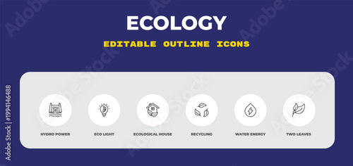 outline ecology icons set - hydro power, eco light, ecological house. editable vector for web and mobile ui