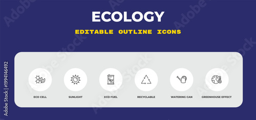 outline ecology icons set - eco cell, sunlight, eco fuel. editable vector for web and mobile ui